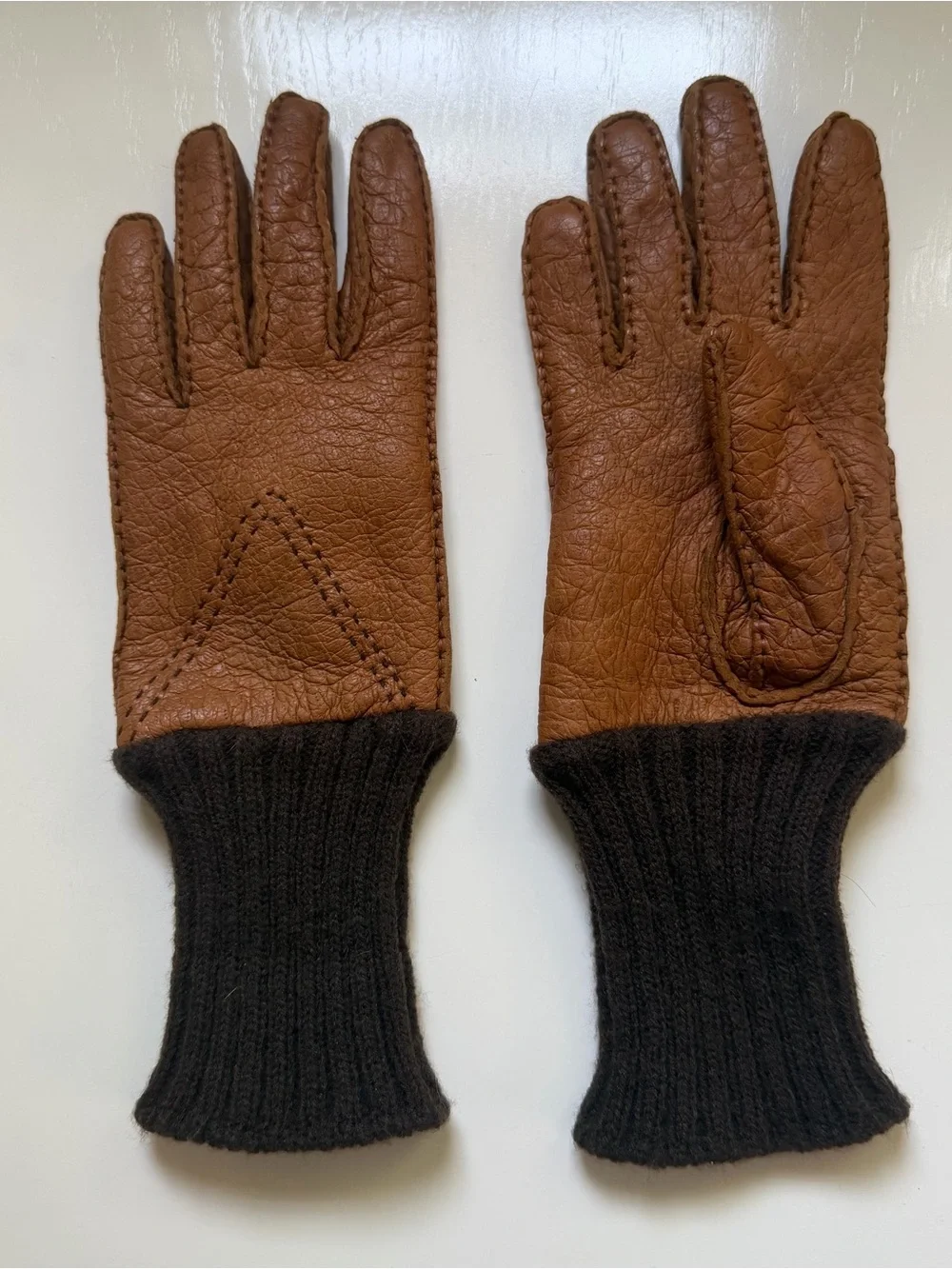 Saks Fifth Avenue Vintage Leather Gloves Tan Soft Knit Cuffs Aspen Size 6.5